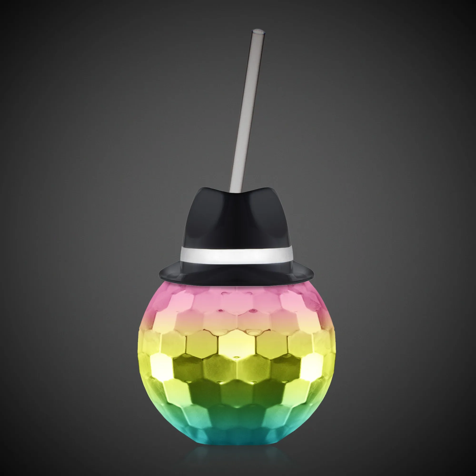 Clearance Windy City Novelties Black Fedora Hat Rainbow Disco Ball Cup with Straw