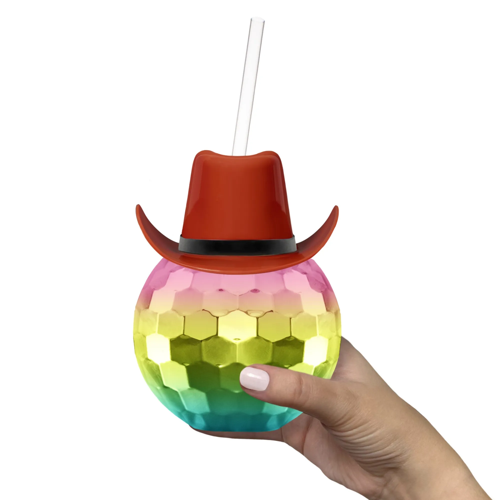 Discount Windy City Novelties Brown Cowboy Hat Rainbow Disco Ball Cup with Straw