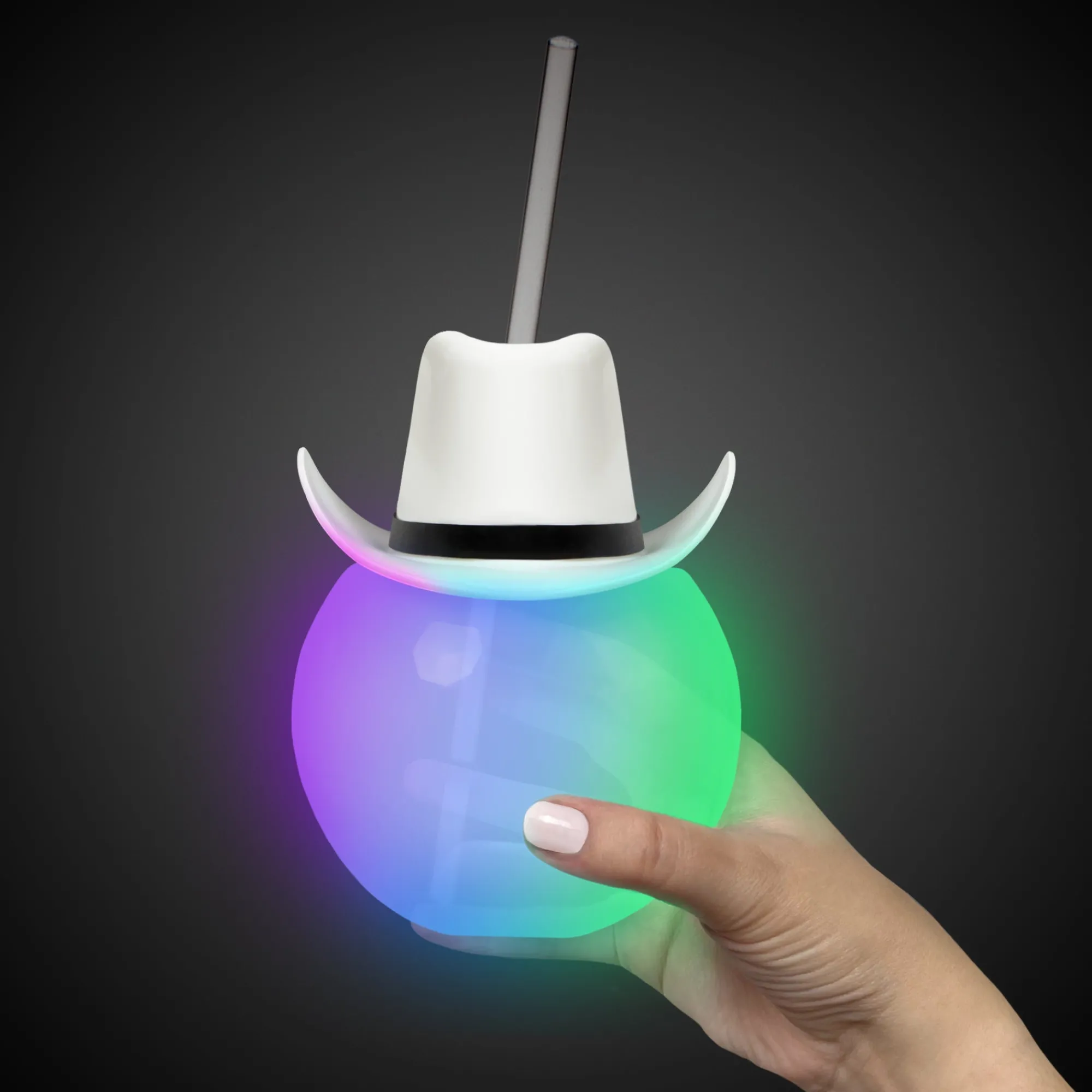 Best Windy City Novelties LED White Cowboy Hat 20 oz. Ball Cup with Straw