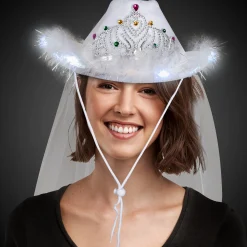 Discount Windy City Novelties LED White Cowboy Hat with Tiara and Veil