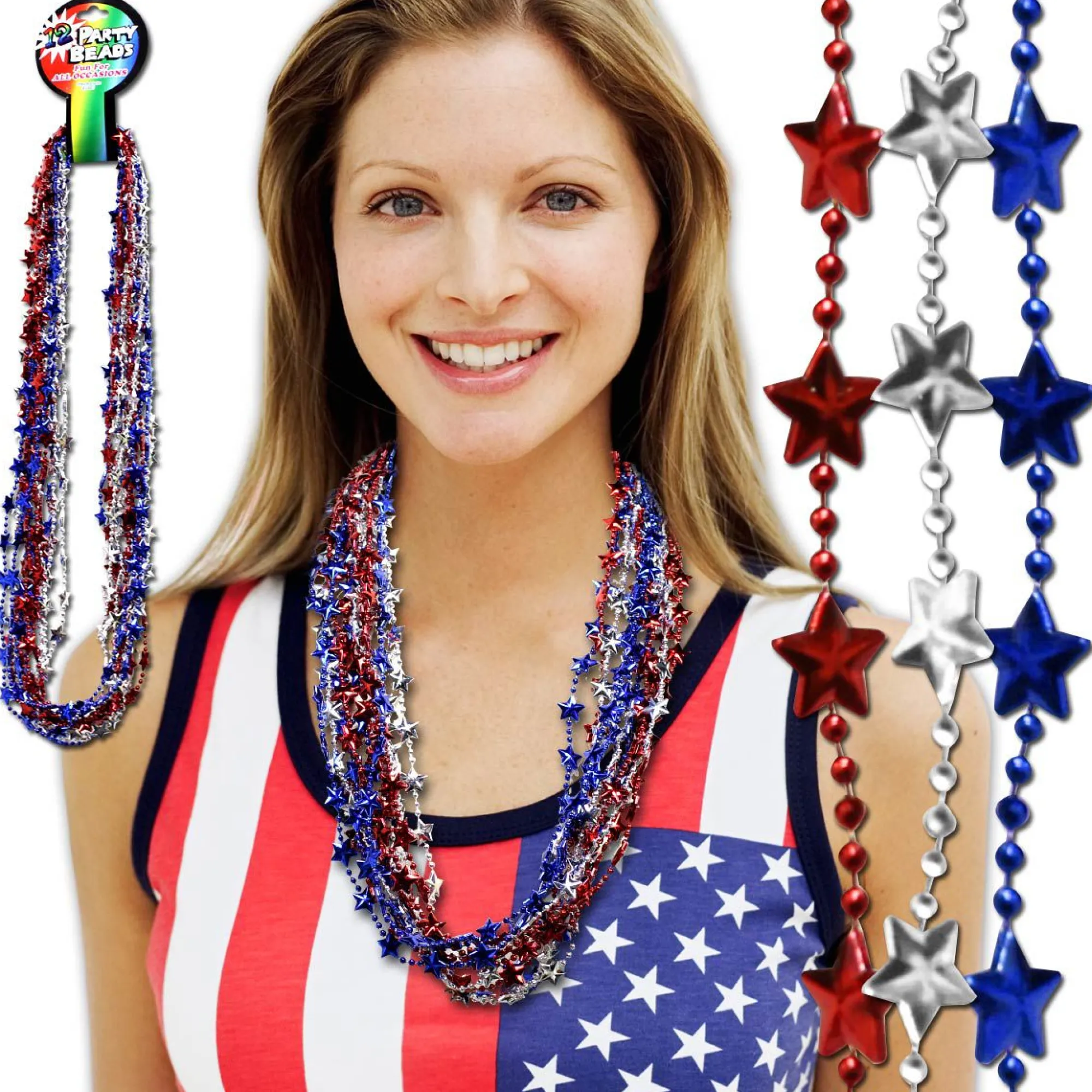 Windy City Novelties Red, White & Blue Star Bead 33" Necklaces