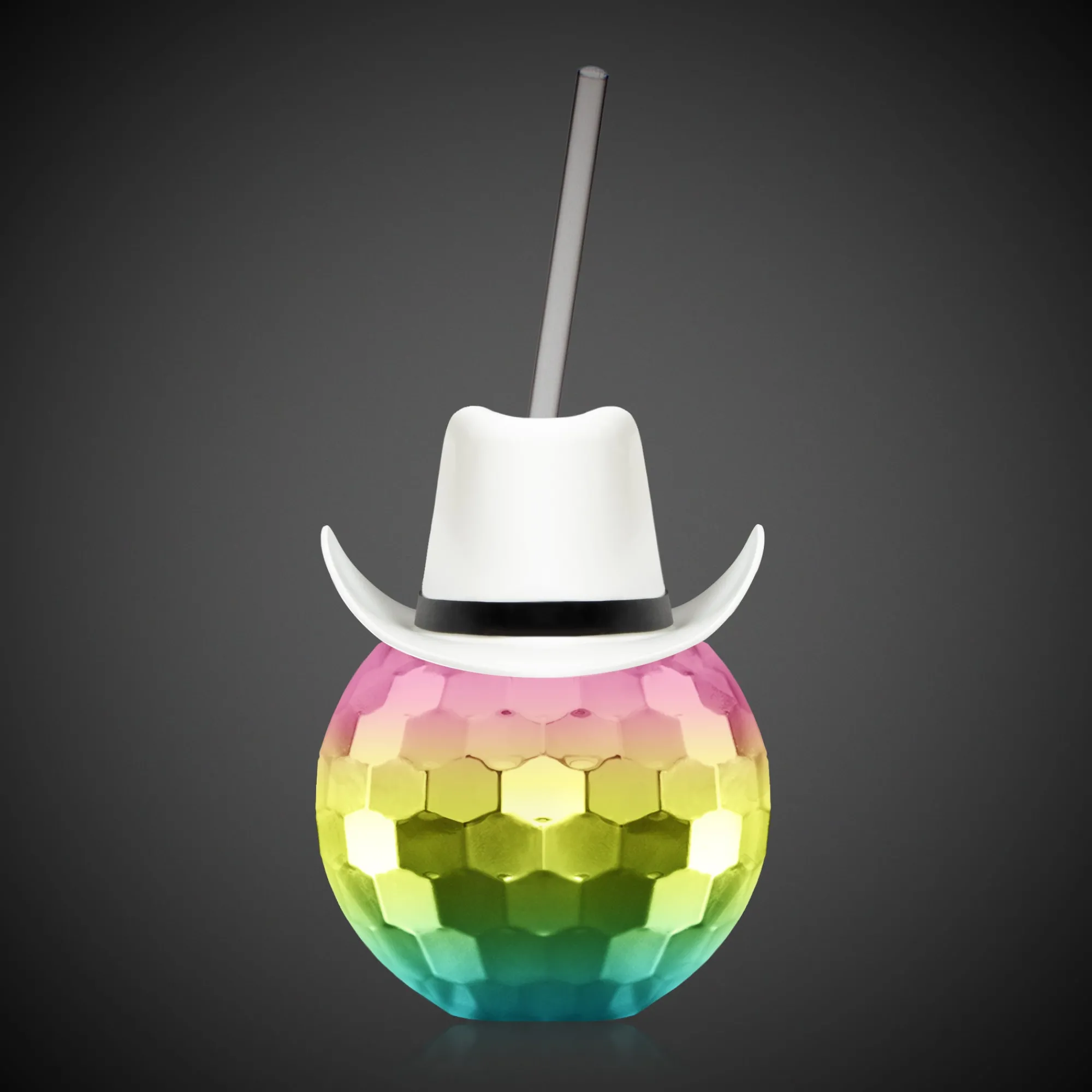 Best Windy City Novelties White Cowboy Hat Rainbow Disco Ball Cup with Straw