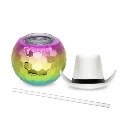 Best Windy City Novelties White Cowboy Hat Rainbow Disco Ball Cup with Straw