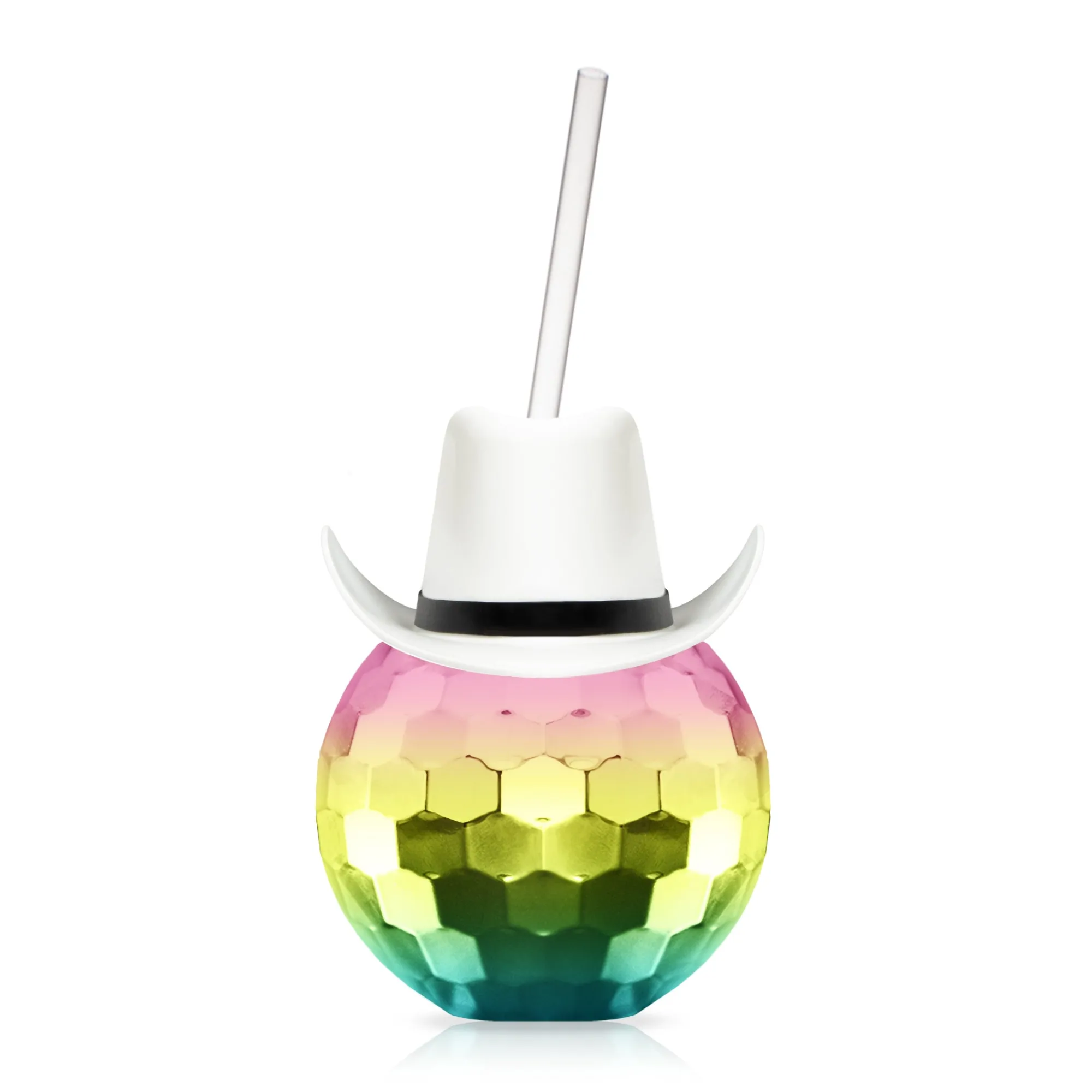 Best Windy City Novelties White Cowboy Hat Rainbow Disco Ball Cup with Straw