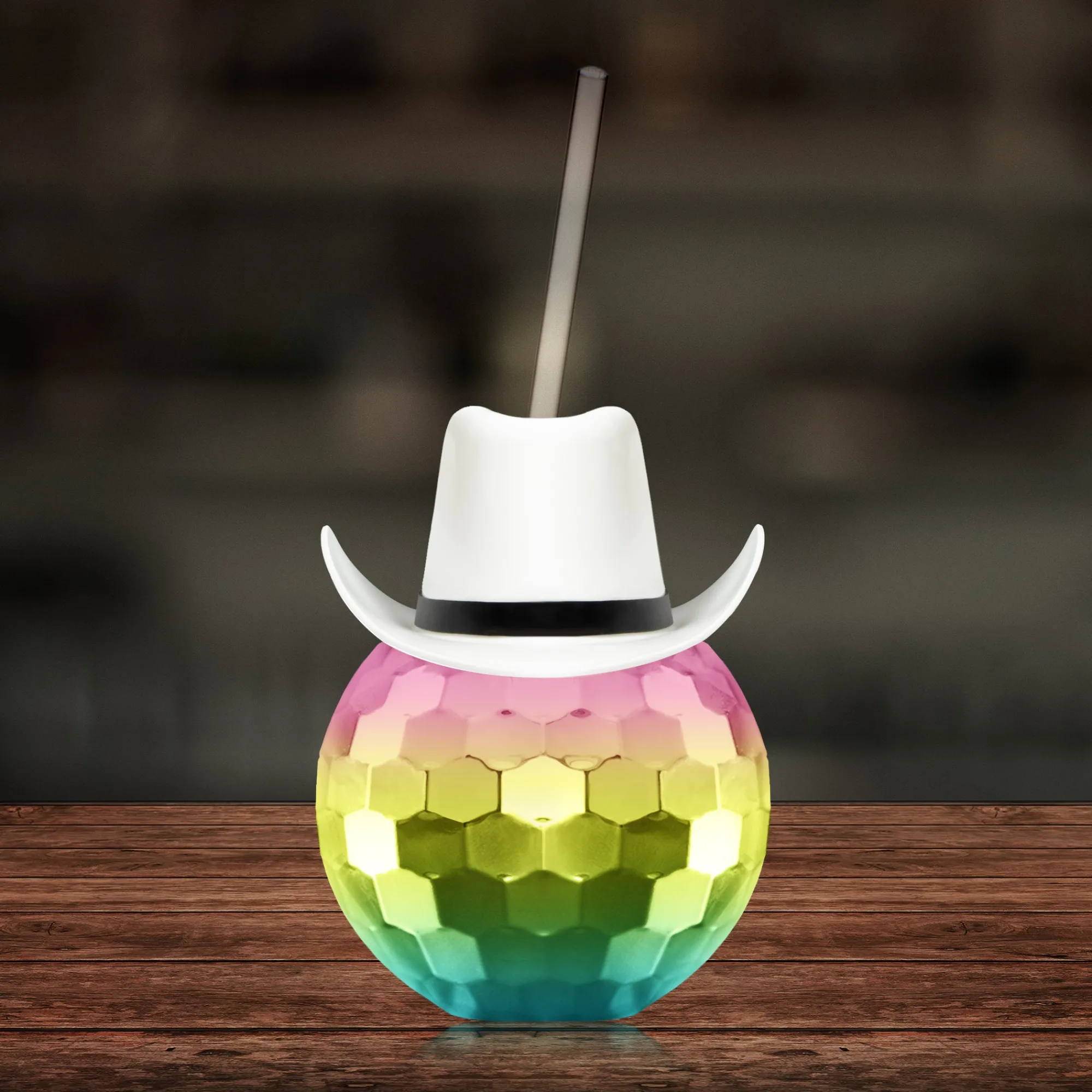 Best Windy City Novelties White Cowboy Hat Rainbow Disco Ball Cup with Straw