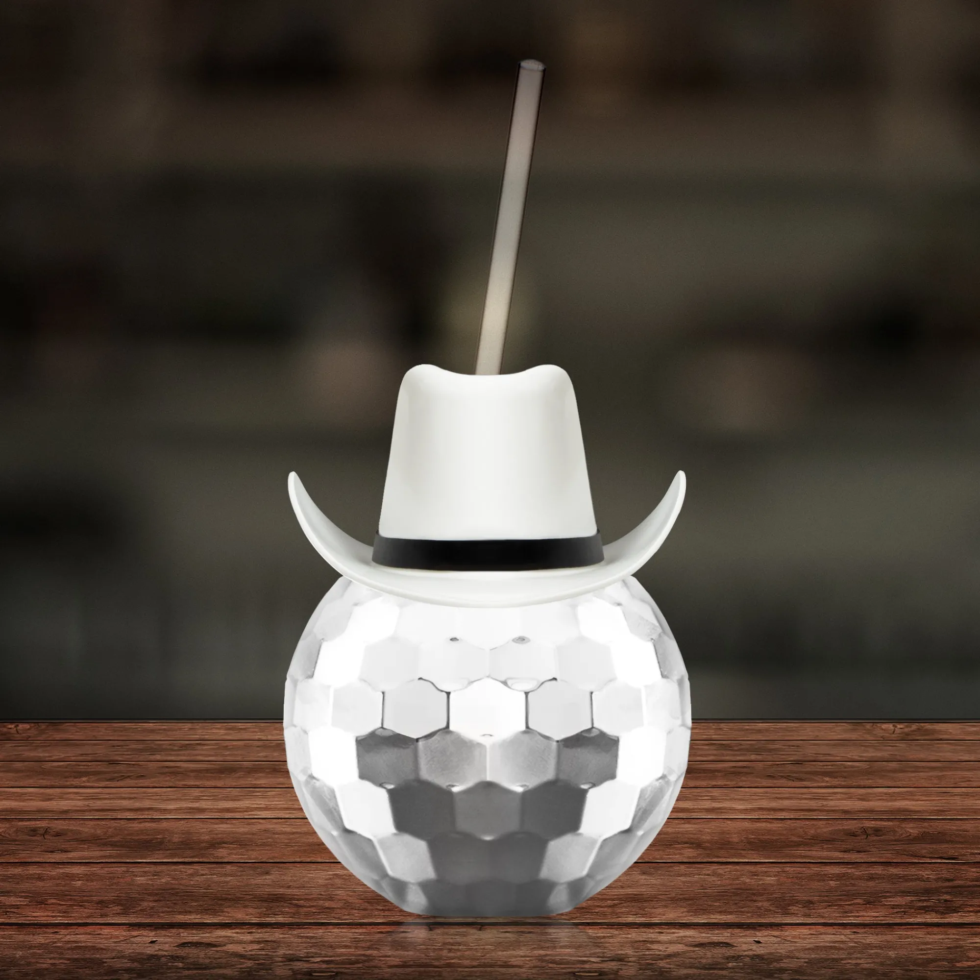 Discount Windy City Novelties White Cowboy Hat Silver Disco Ball Cup with Straw