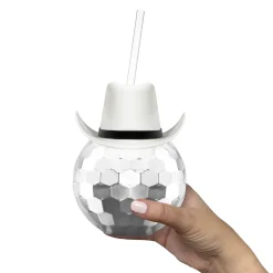Discount Windy City Novelties White Cowboy Hat Silver Disco Ball Cup with Straw