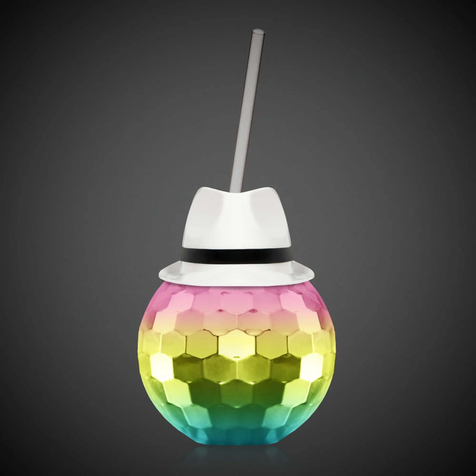 Clearance Windy City Novelties White Fedora Hat Rainbow Disco Ball Cup with Straw