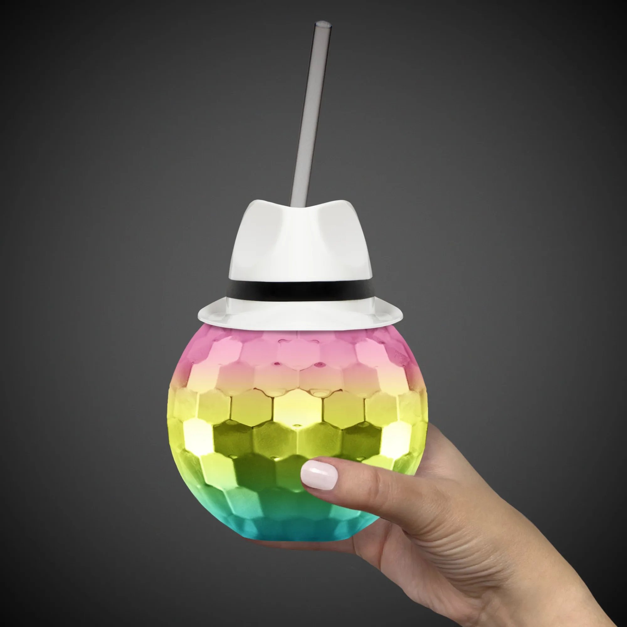Clearance Windy City Novelties White Fedora Hat Rainbow Disco Ball Cup with Straw