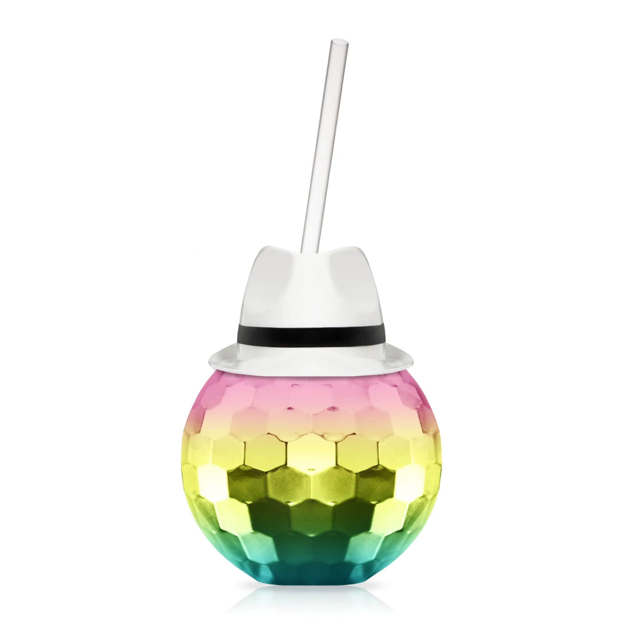 Clearance Windy City Novelties White Fedora Hat Rainbow Disco Ball Cup with Straw