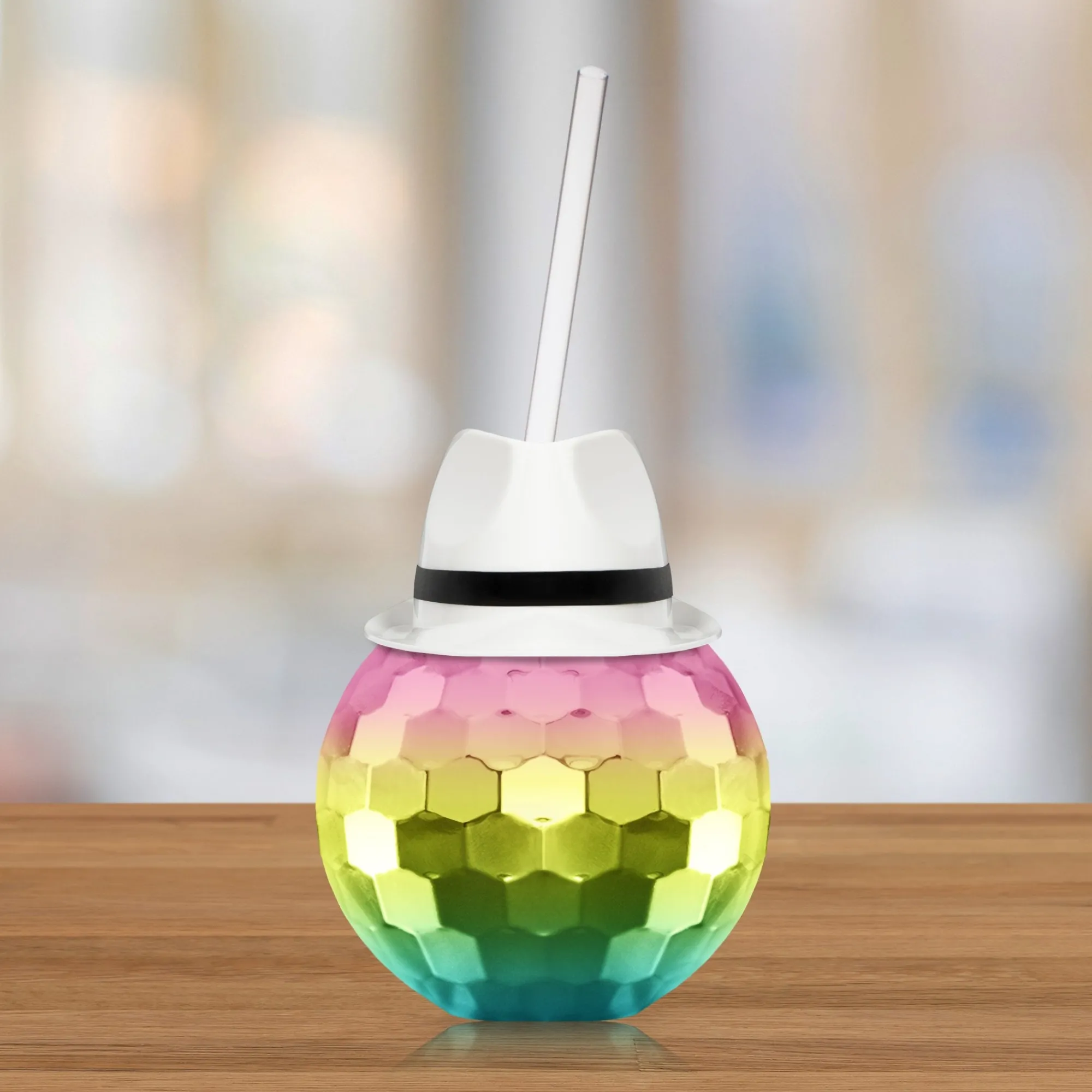 Clearance Windy City Novelties White Fedora Hat Rainbow Disco Ball Cup with Straw
