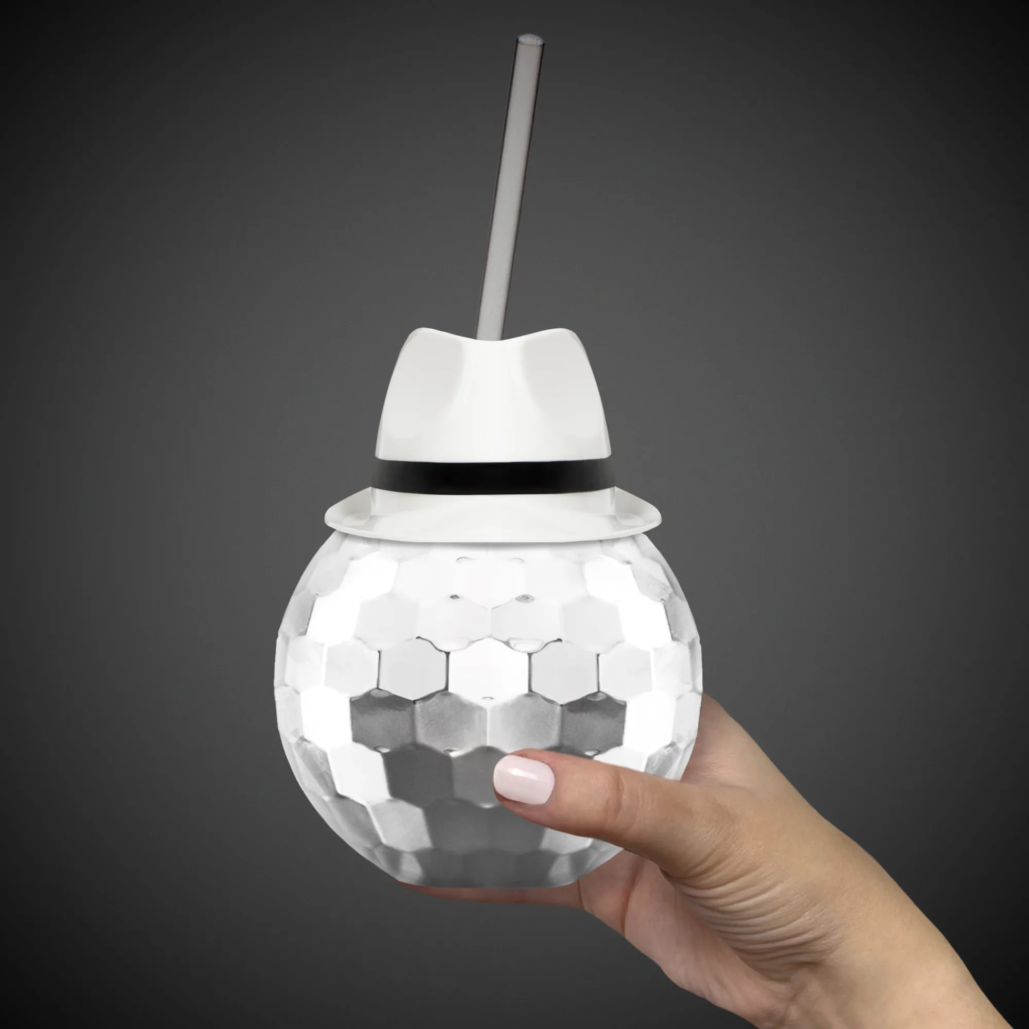 Sale Windy City Novelties White Fedora Hat Silver Disco Ball Cup with Straw