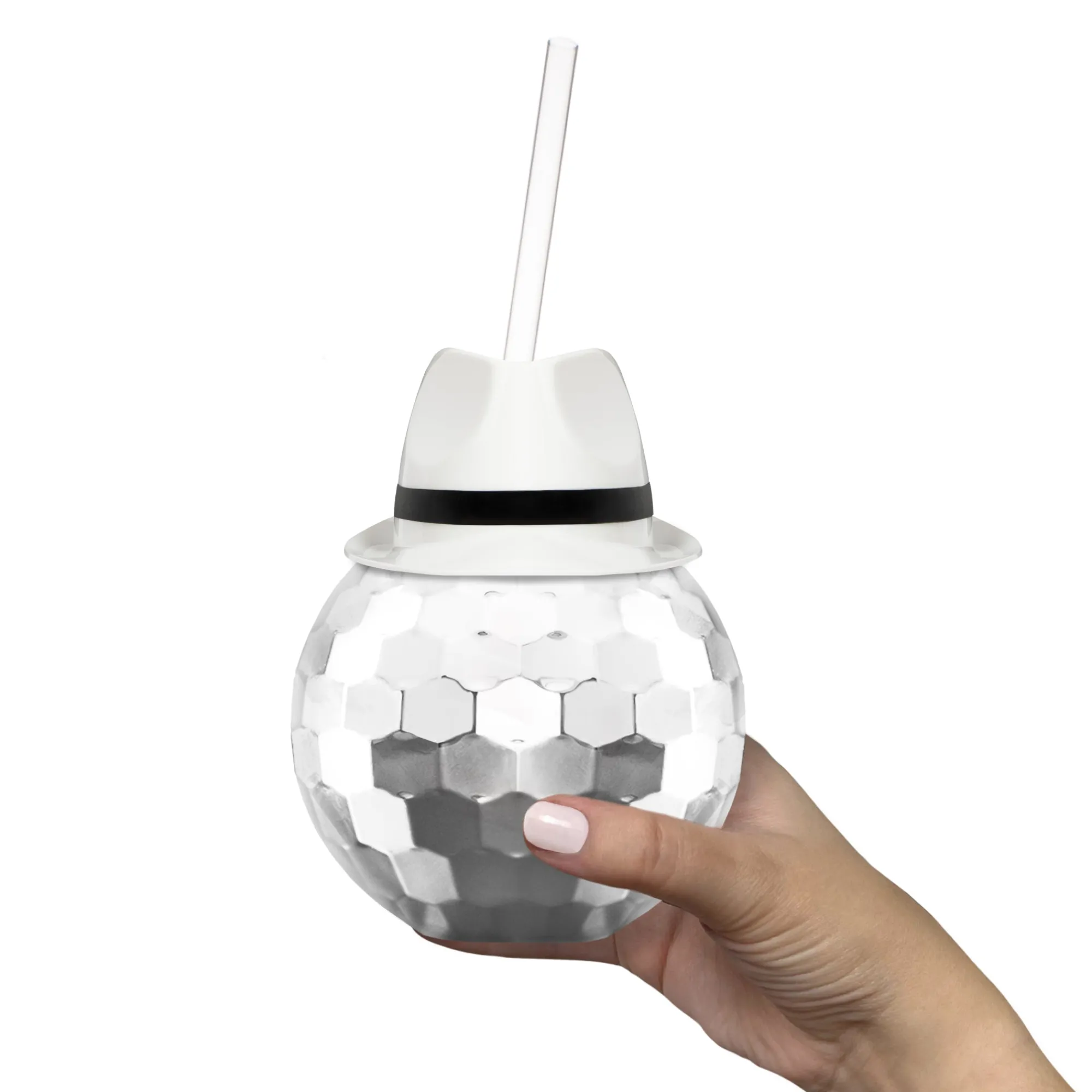 Sale Windy City Novelties White Fedora Hat Silver Disco Ball Cup with Straw