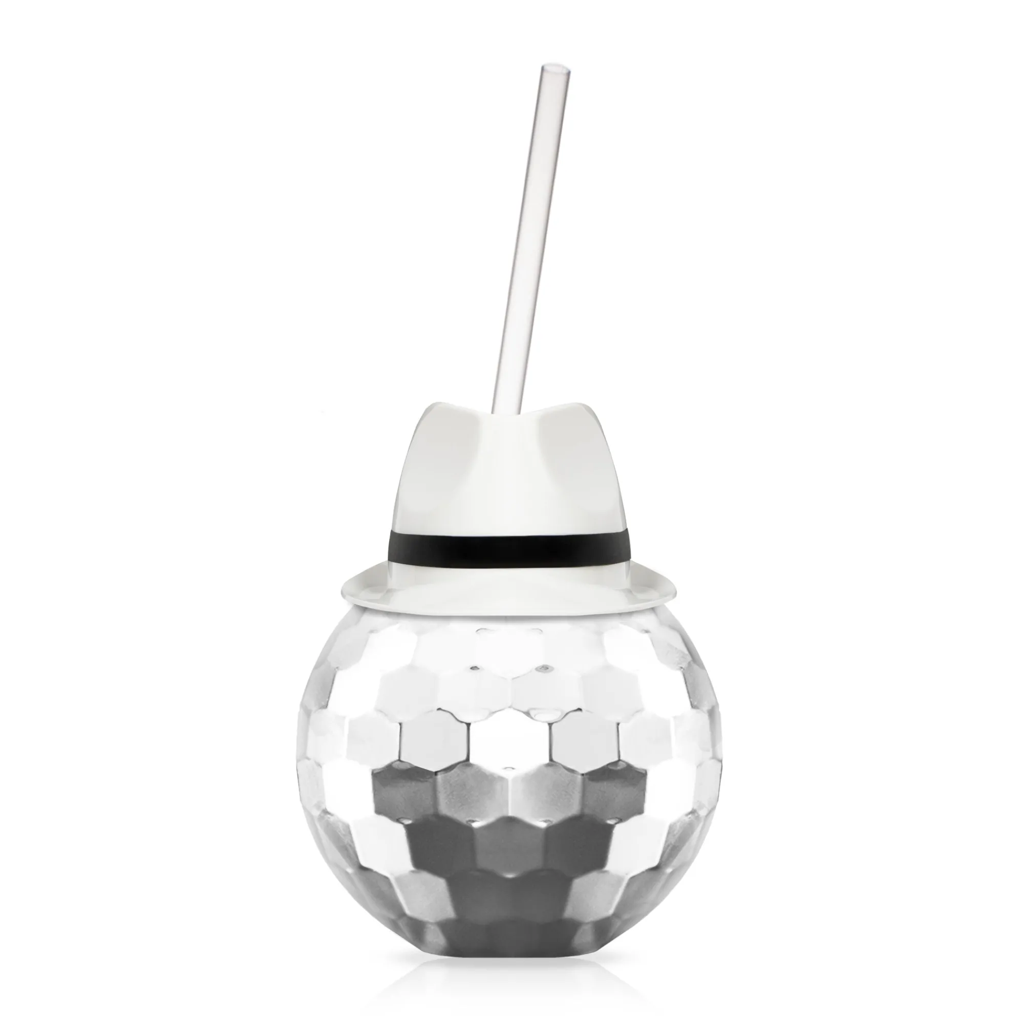 Sale Windy City Novelties White Fedora Hat Silver Disco Ball Cup with Straw